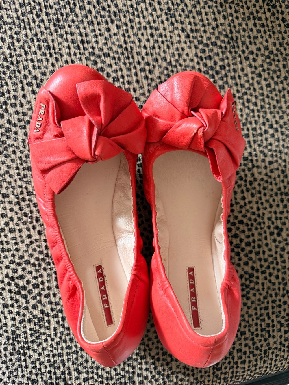 Prada Coral-Red Leather Bow Ballet Flats